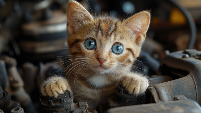 Tiny tabby kitten with striking blue eyes is peering out from inside the dirty engine of a car, trapped inside car engine compartment meowing for help. Concept animals rescue in danger