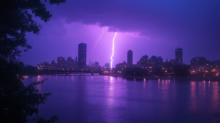 Obraz premium Lightning storm over city in purple light 