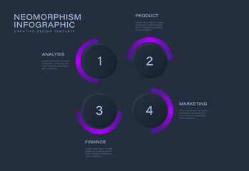 Dark neumorphic circles for infographic. Template for diagram, graph, presentation and chart. Skeuomorph concept with 4 options, parts, steps or processes.