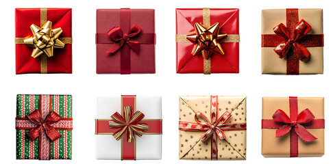 Christmas gift boxes top view collection, red gift boxes, pattern isolated on a transparent PNG background, white background , cut out, clipping path, Generative Ai