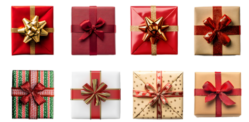 Christmas gift boxes top view collection, red gift boxes, pattern isolated on a transparent PNG background, white background , cut out, clipping path, Generative Ai
