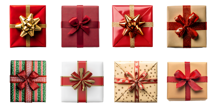 Christmas gift boxes top view collection, red gift boxes, pattern isolated on a transparent PNG background, white background , cut out, clipping path, Generative Ai