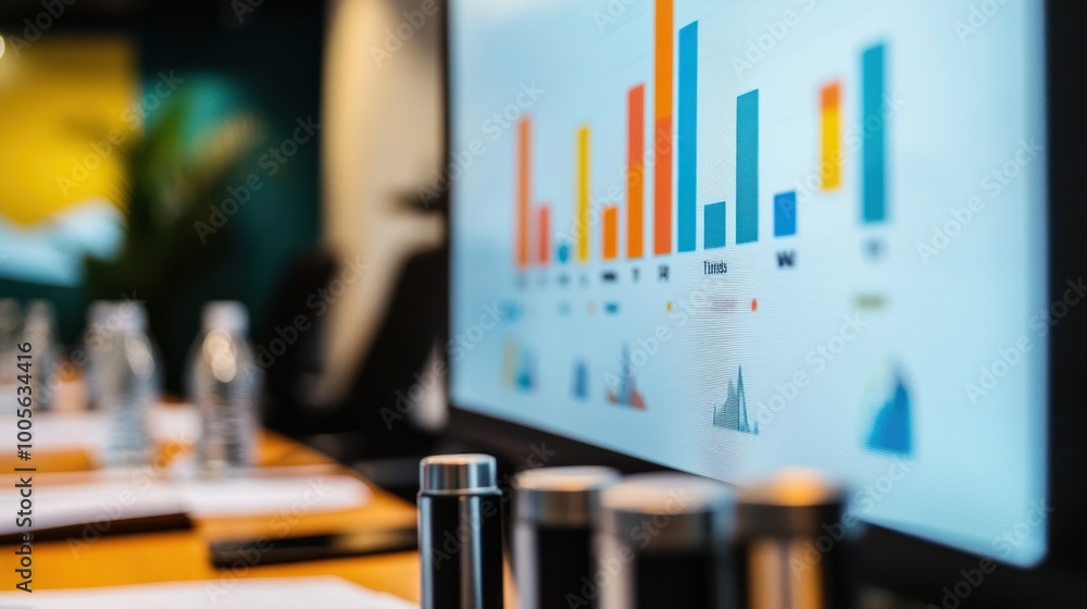 Poster a business meeting display showing colorful bar graphs and charts on a screen.