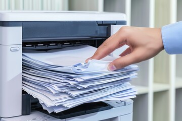 Hand grabbing printed documents from office printer