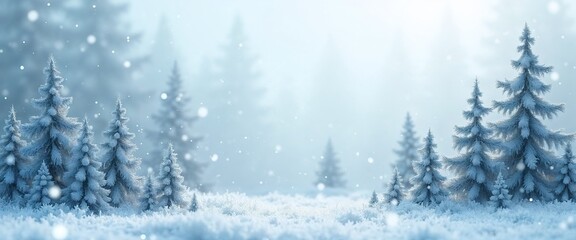 Naklejka premium Snowy winter forest landscape with frosted trees and falling snow on a misty background