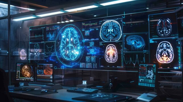 A futuristic workspace with multiple monitors displaying brain scans and scientific data.