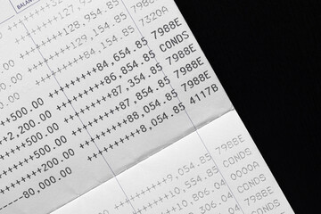 Bank account book statement balance number cash, hand holding data investment debt math in office,...