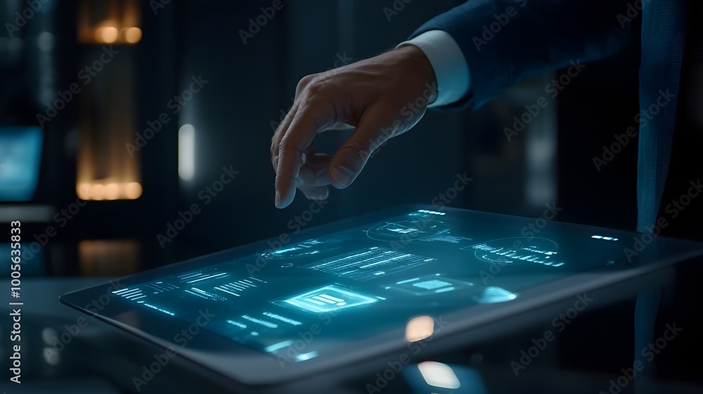 Poster visionary business entrepreneur explores cutting edge digital strategy in ultra modern office settin