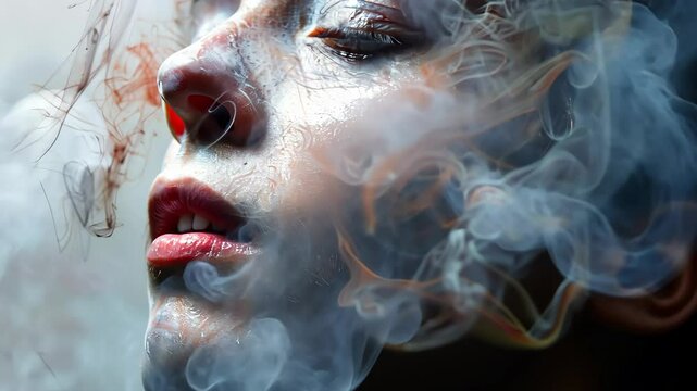 A woman's face is partially obscured by a thick cloud of smoke, creating a mysterious and ethereal effect