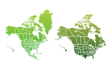 Set of North America Continent Maps.Colorful Vector map of North and Central America.