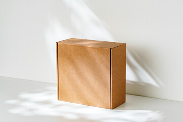 Simple brown cardboard box positioned on a white surface with soft angled shadows in natural light