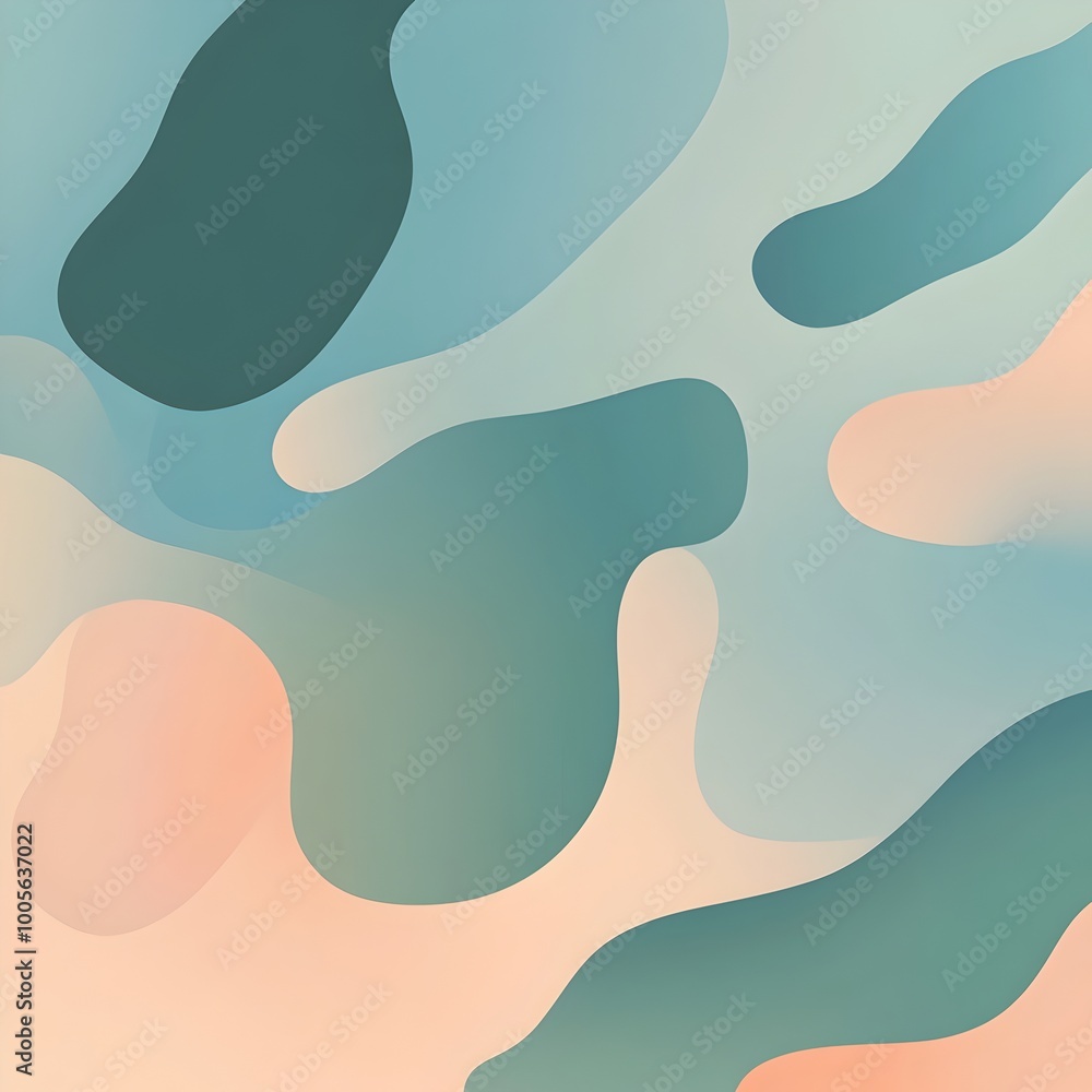 Poster serene and ethereal soft pastel gradient background with organic amorphous flowing shapes in muted h