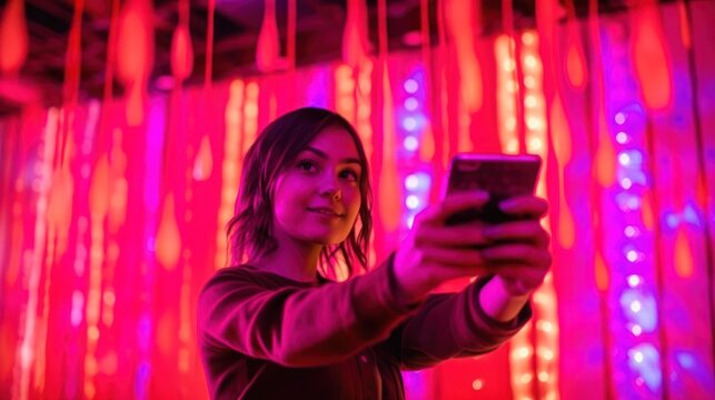 A young woman takes a selfie in front of a wall of hanging red l