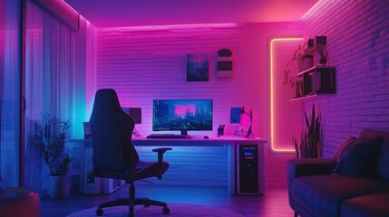 Playing video games. Stylish room interior with modern computer and gaming chair in neon lights
