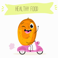 Kumquat character, tropical exotic fruit, vector isolated food icon, funny character. Hand drawn vector.