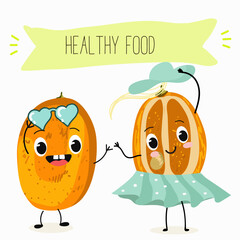 Kumquat character, tropical exotic fruit, vector isolated food icon, funny character. Hand drawn vector.