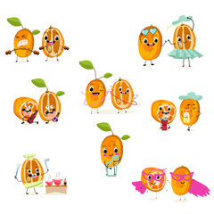 Fototapeta premium Kumquat character, tropical exotic fruit, vector isolated food icon, funny character. Hand drawn vector.