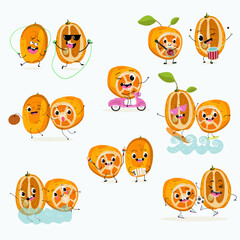Kumquat character, tropical exotic fruit, vector isolated food icon, funny character. Hand drawn vector.