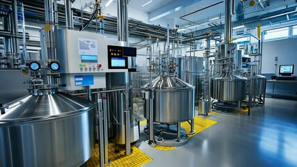 A modern industrial facility with large stainless steel tanks and a control panel - Powered by Adobe