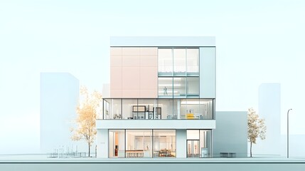 Compact pastel colored distillery building with modern minimalist architecture featuring sleek glass facades clean geometric shapes metallic accents