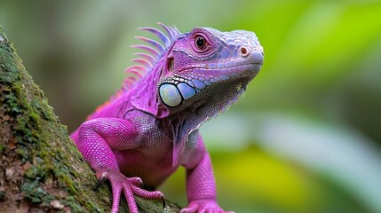 Obraz premium Purple iguana (Iguana iguana) on tree in tropical rainforest, Rio Tempisque Guanacaste, Costa Rica wildlife 