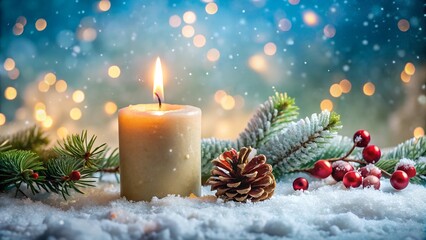 burning candle in snow with festive decoration