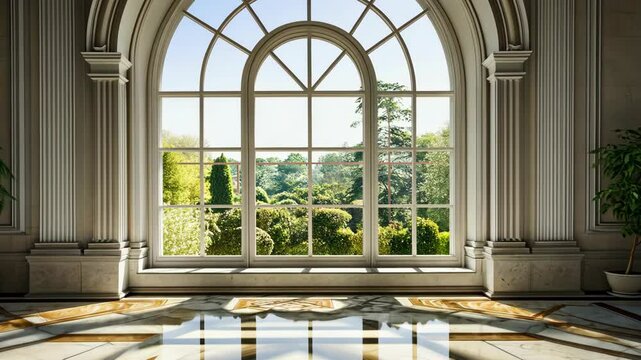 A large, arched window in a room with marble floors looks out onto a lush, green garden
