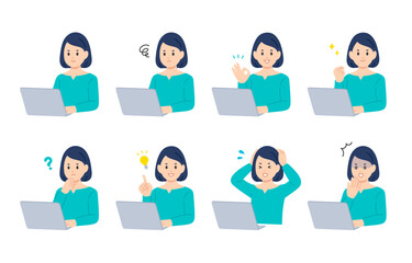 パソコンを見ながらいろいろな表情･ポーズをする若い女性のセット【人物ベクターイラスト素材】