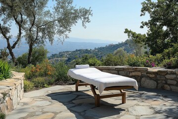 Fototapeta premium A massage table sits on a stone patio with stunning views of the mountains and a valley in the distance.