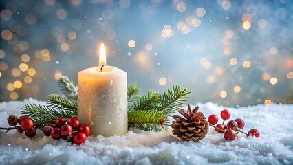 burning candle in snow with festive decoration