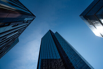 Modern glass buildings with dark blue sky background. Business skyscrapers in the Financial District, Seattle Downtown.