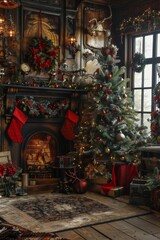 Fototapeta premium A cozy room with a fireplace, a Christmas tree, and a wreath on the mantle. The room has a warm and inviting atmosphere, perfect for the holiday season