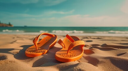 Obraz premium A pair of orange flip-flops lie on the sand of a beach with the
