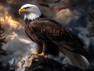 Fototapeta premium Majestic Bald Eagle Perched on Rocky Cliff: A Striking Poster for Sports Decor, Capturing Nature's Power Amidst Misty Forest and Dramatic Clouds