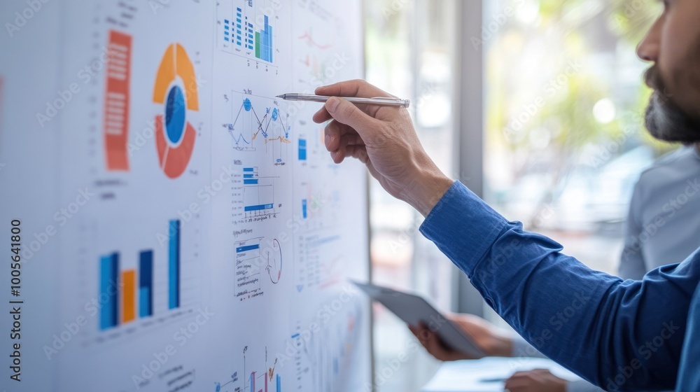 Poster a person analyzing data on a presentation board with graphs and charts.