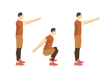 Sportswomen do Hindu Squats Exercise in 3 steps. Illustration about workout diagram for Glutes and hip and Shoulder muscles.