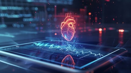A glowing digital heart icon hovers above a tablet screen displaying a heartbeat graph, representing technological advancements in healthcare.