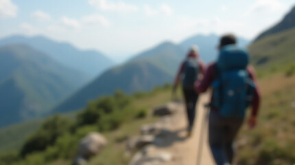 Fototapeta premium Blurred image of a group of people tourists on a mountain path. Conceptual image of team spirit and outdoor activities