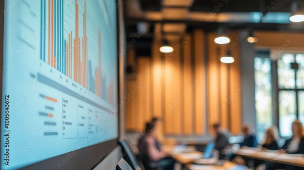 Aufkleber a presentation screen displaying bar graphs in a modern meeting room with attendees.