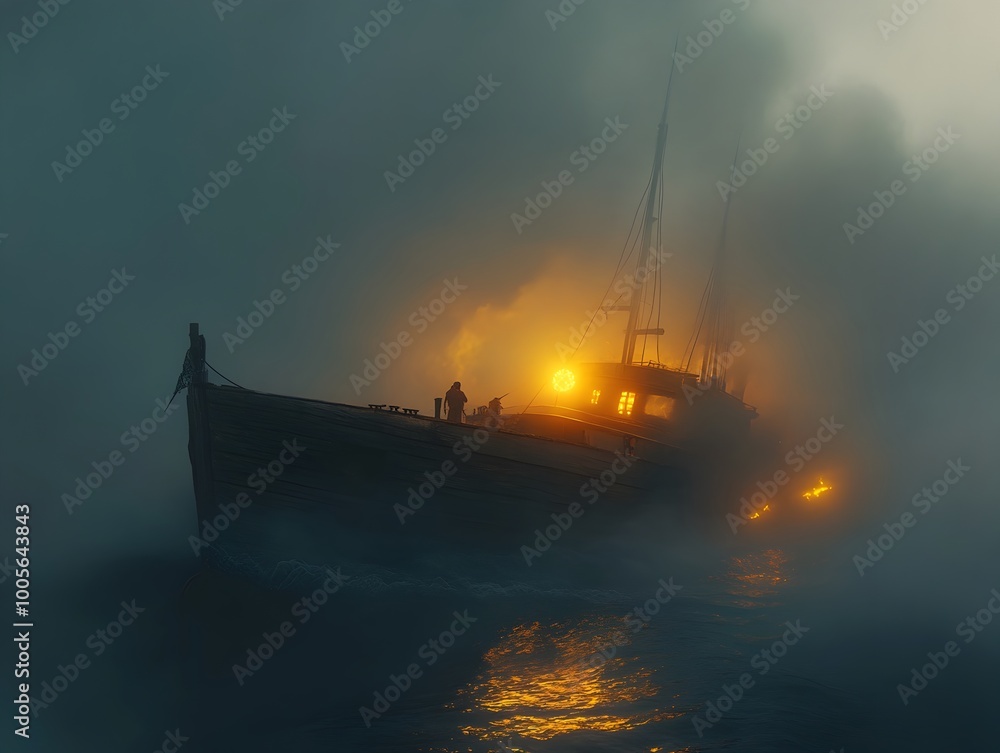 Poster captains steer their vessels through the mysterious bermuda triangle navigating through dense fog gl