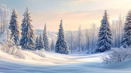Snowy winter landscape with pine trees at