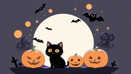 illustration of a Halloween night with moon and pumpkin background