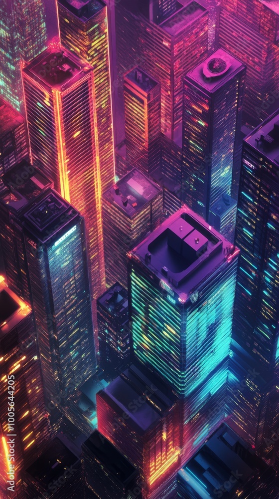 Poster patterned layout of skyscrapers with a retro-futuristic design, forming a repetitive pattern.