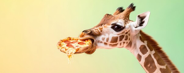 A cute baby giraffe nibbling on a pizza slice on a gradient pastel yellow and green background.
