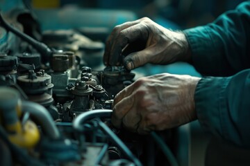 A mechanic's hands work on a car engine, showing the details of the engine and the mechanic's hard work.