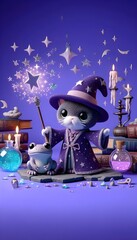 A cute cat dressed as a wizard and casting a spell with a magic wand in a 3D, claymation style. In the background should be sparkling potions and ancient books. The toad should have a starry robe 