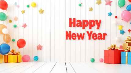 Fototapeta premium A colorful and festive scene featuring balloons, gift boxes, stars, and the message 