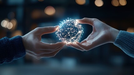 Two abstract hands transfer a glowing data ball, symbolizing information exchange and networking