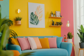 Modern and colorful interior of living room with design boucle sofa, mock up poster, shelf, plants, decorations and personal stuff. Home decor.