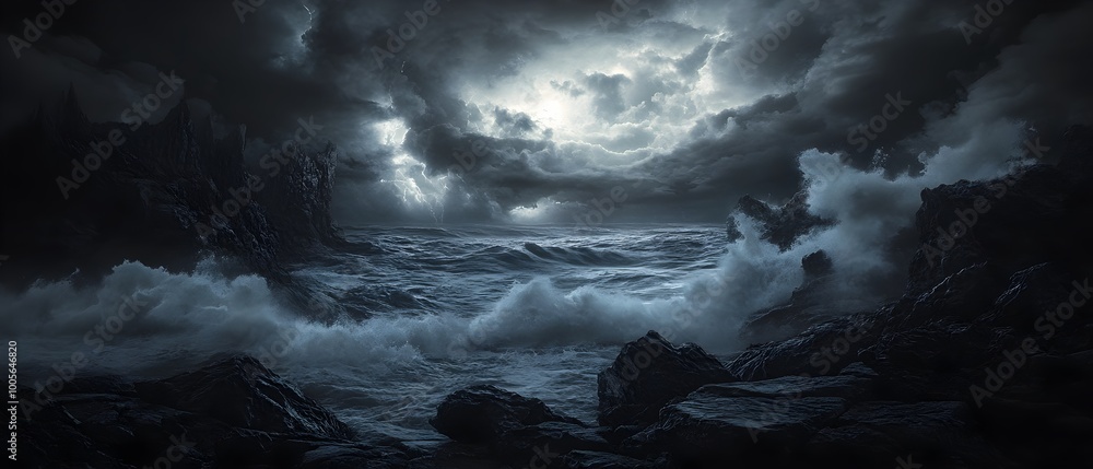 Poster enigmatic bermuda triangle turbulent waves crash against rocky shores while unnatural lights flicker